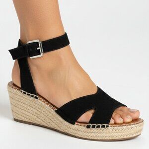 Franco Sarto Black Suede Espadrille Wedge Sandals 7.5 Platform Summer Strappy Bo